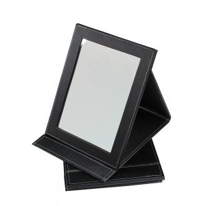 Faux Leather Folding Mirror | Compact Countertop Design | 1x True Reflection | Black