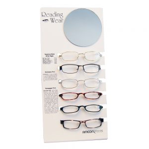 Acrylic Reader Display with Mirror | Holds 6 Pairs | Optical Counter Stand with Text Samples