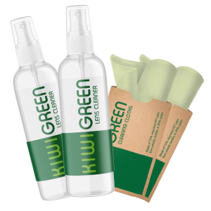Kiwi Green Eyeglass Lens Cleaner Spray Kit | 2X Lens Cleaner + 2X Microfiber Cloth | Alcohol Free Eyeglasses, Screen Cleaning Kit | USA Made (4 Piece Set)